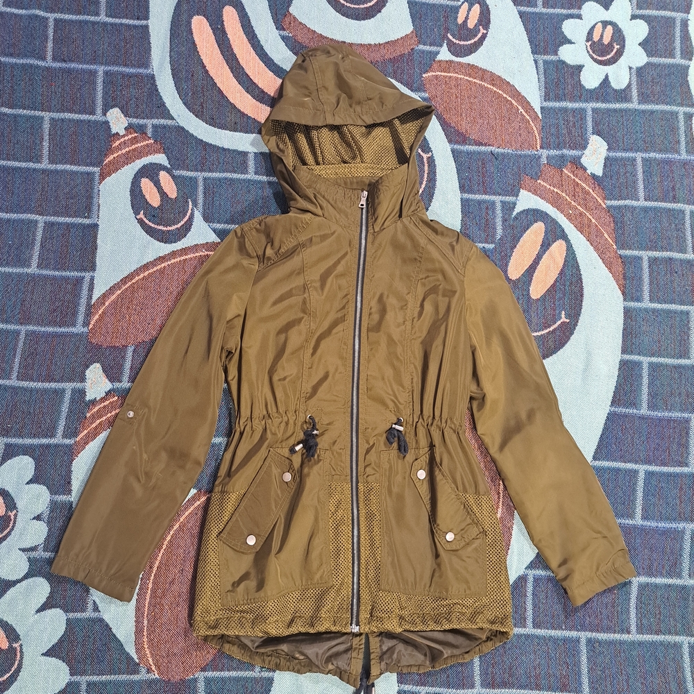 🌈LIGHTWEIGHT OLIVE HOODED JACKET W/DRAWSTRING WAIST-M